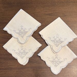Embroidered Linen Cocktail Napkins - Set of 4 - White with Pale Grey Embroidery